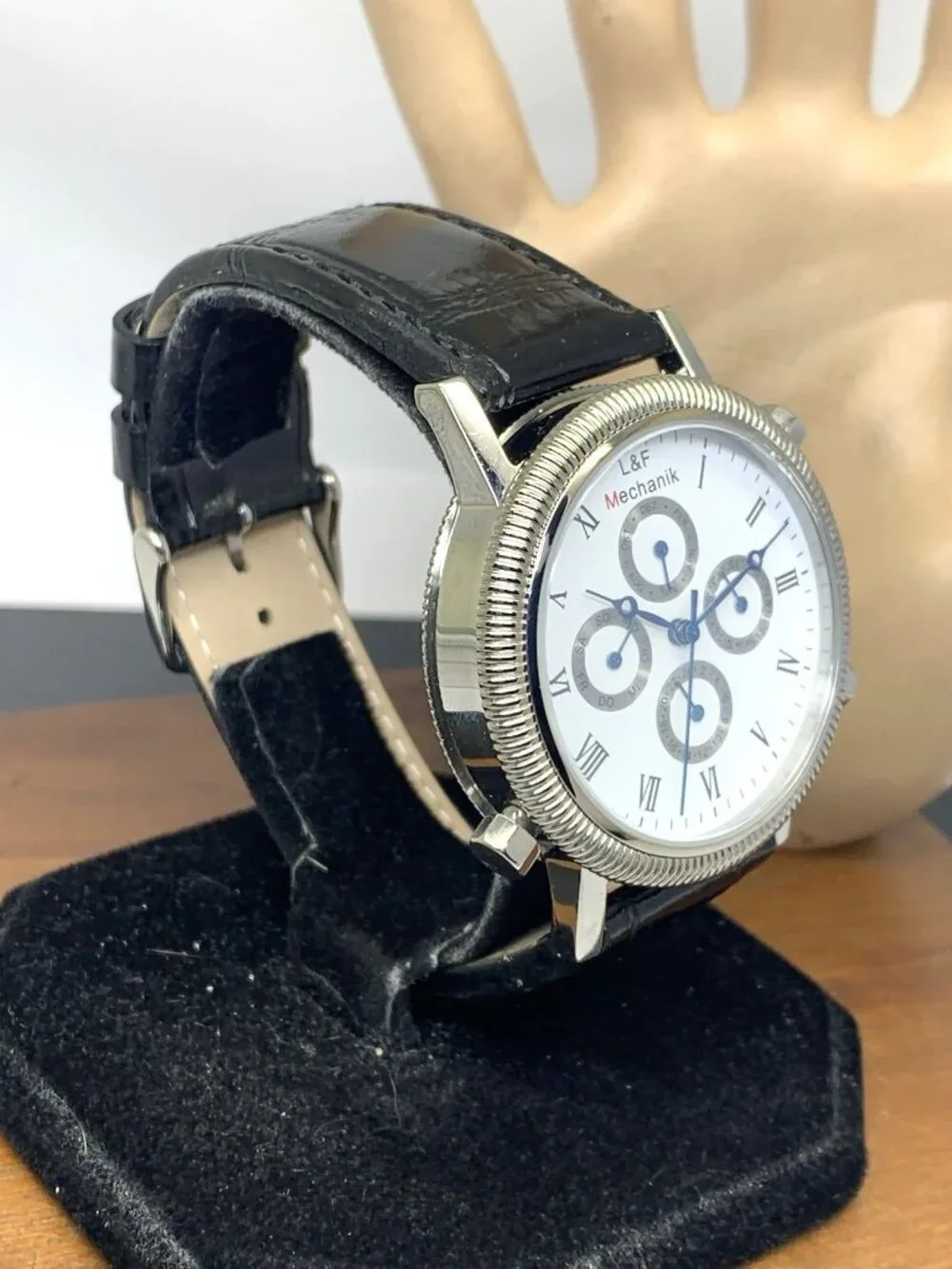 L&F Mechanik Men's Watch Automatic White Dial Con Edge Case Black Leather 43mm